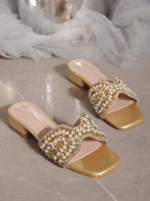 Glamorous Gold Sandals For Women, Faux Pearl & Rhinestone Decor Slide Sandals - Gold - View 3