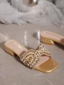 Glamorous Gold Sandals For Women, Faux Pearl & Rhinestone Decor Slide Sandals - Gold - View 4