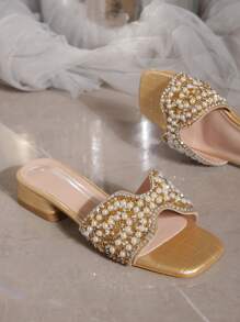 Glamorous Gold Sandals For Women, Faux Pearl & Rhinestone Decor Slide Sandals - Gold - View 6