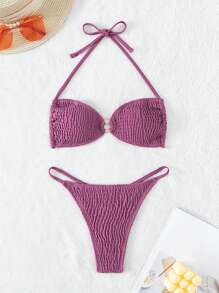 Swim SXY Smocked Halter Bikini Set Summer Beach - Mauve Purple - View 4