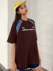 DAZY Áo thun nữ Khối Màu Slogan Giải trí - Màu nâu Sô-cô-la - Xem 6