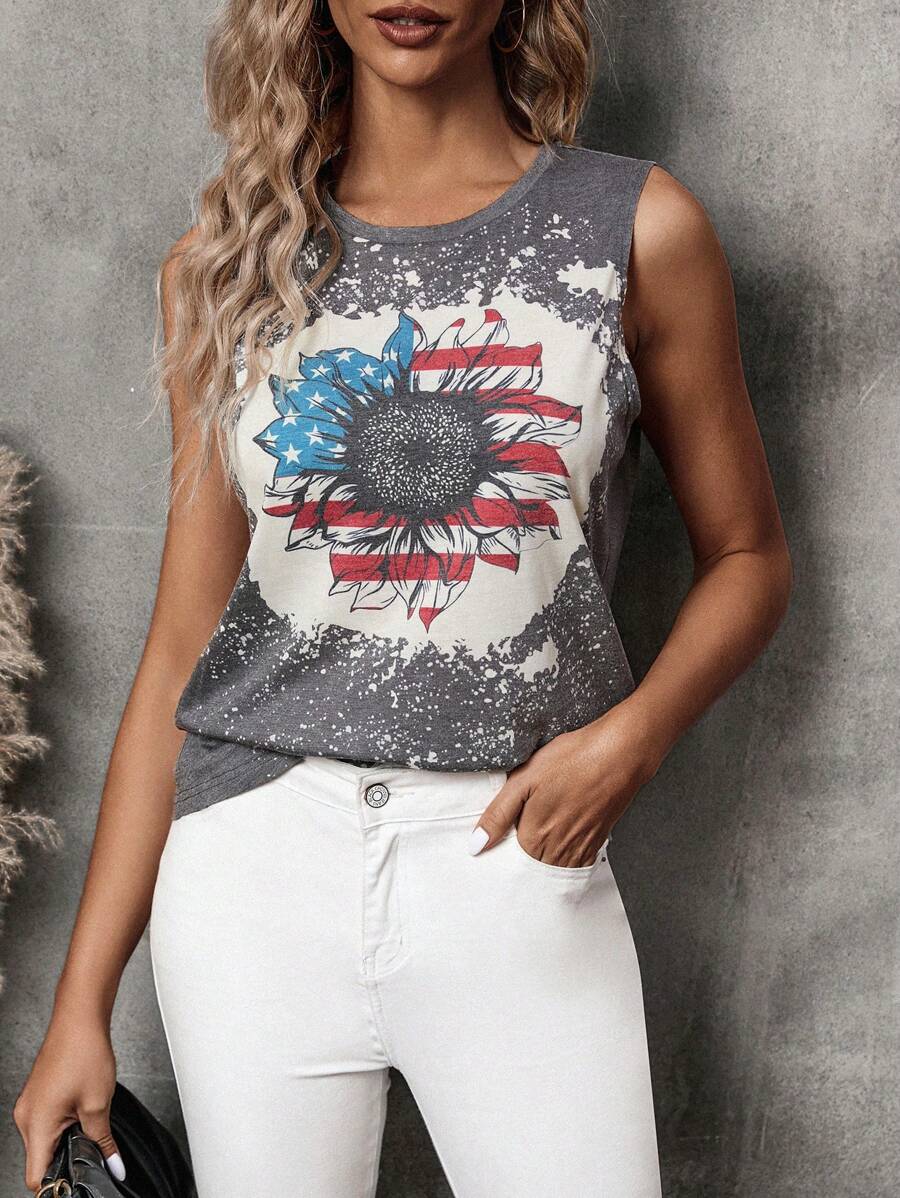 SHEIN LUNE 向日葵圖案背心上衣 - 灰色 - 查看 1