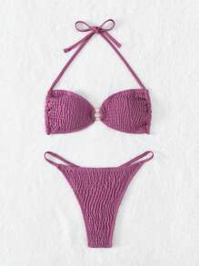Swim SXY Smocked Halter Bikini Set Summer Beach - Mauve Purple - View 6