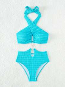 SHEIN Swim 環鏈鏤空吊脖連體泳衣