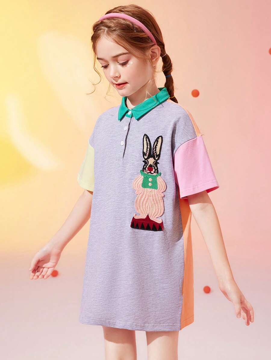 女孩兔子補丁貼落肩袖撞色Polo領連衣裙 - 彩色 - 查看 1