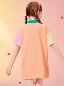 女孩兔子補丁貼落肩袖撞色Polo領連衣裙 - 彩色 - 查看 2
