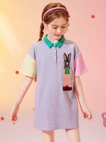 女孩兔子補丁貼落肩袖撞色Polo領連衣裙 - 彩色 - 查看 3