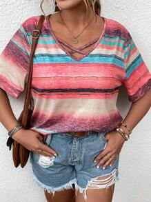 SHEIN LUNE Áo thun kẻ sọc chéo phía trước cho mùa hè - Nhiều màu - Xem 6