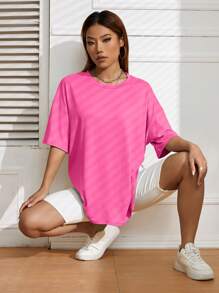 INAWLY Solid Drop Shoulder Tee - Hot Pink - View 7