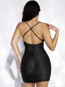 evoluSHEIN X Anitta Draped Collar Rhinestone Detail Ruched Bodycon Dress - Black - View 2