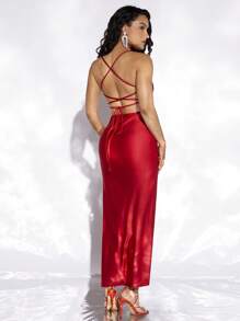 evoluSHEIN X Anitta Vestido de tirantes de muslo con abertura - Rojo - Ver 3