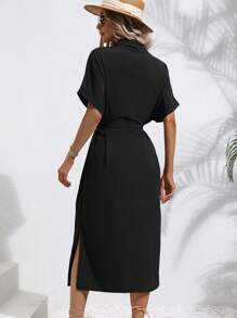 SHEIN LUNE Batwing Sleeve Belted Shirt Dress - Black - View 2