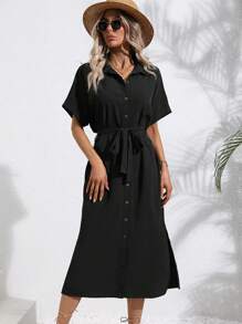 SHEIN LUNE Batwing Sleeve Belted Shirt Dress - Black - View 4
