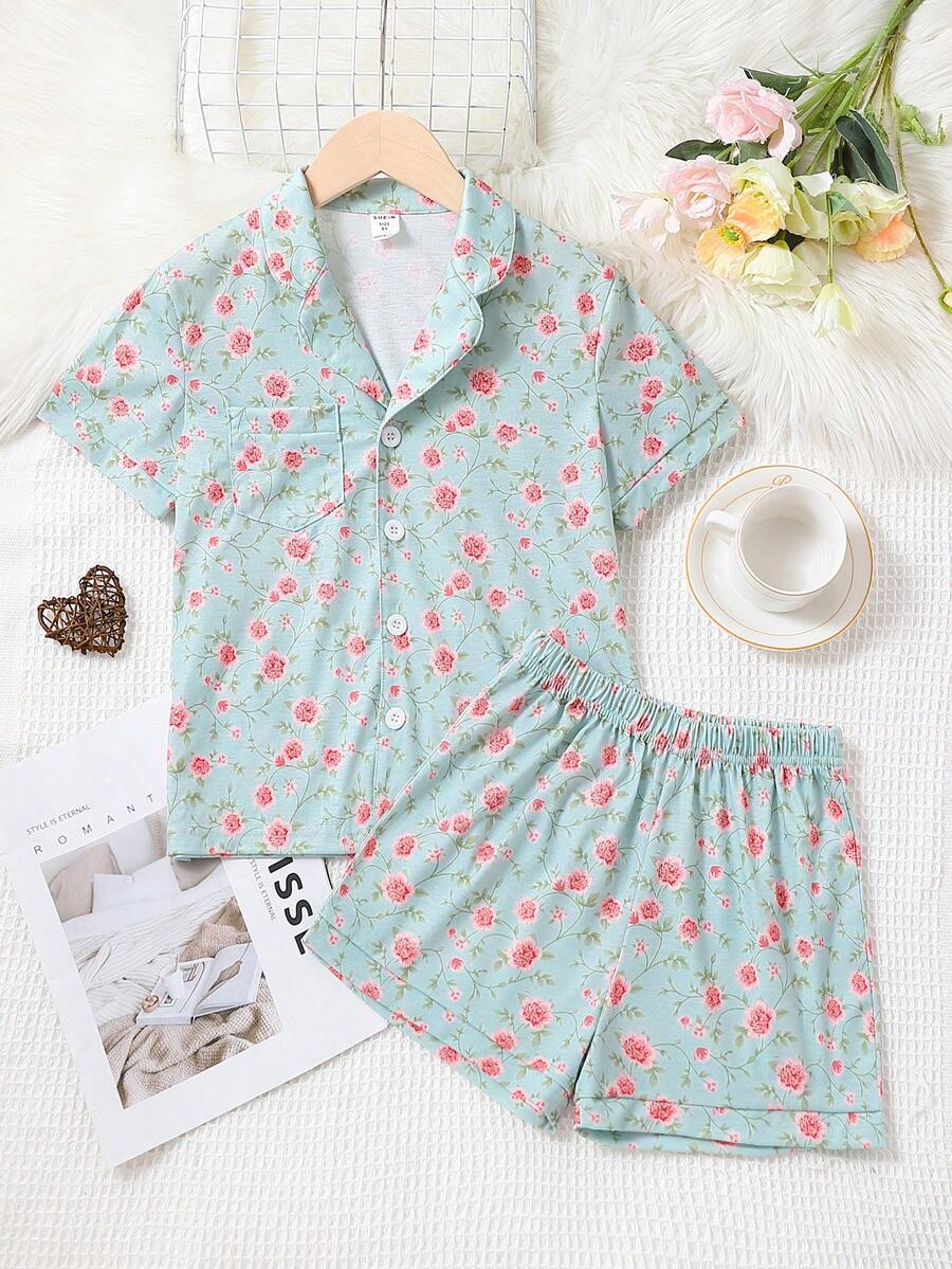 Girls Ditsy Floral Print Lapel Neck PJ Set - Baby Blue - View 1