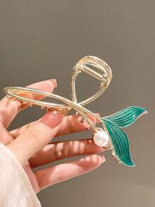 1入組女士人造珍珠裝飾美人魚尾設計時尚髮爪適用於頭髮裝飾用品 - 金色 - 查看 2