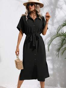 SHEIN LUNE Batwing Sleeve Belted Shirt Dress - Black - View 5