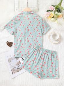 Girls Ditsy Floral Print Lapel Neck PJ Set - Baby Blue - View 2