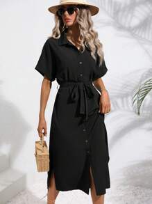 SHEIN LUNE Batwing Sleeve Belted Shirt Dress - Black - View 6