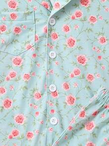 Girls Ditsy Floral Print Lapel Neck PJ Set - Baby Blue - View 3