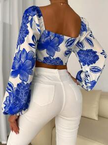 Chiquease Floral Print Knot Front Crop Top Fall Cloth For Women - Blue and White - View 2