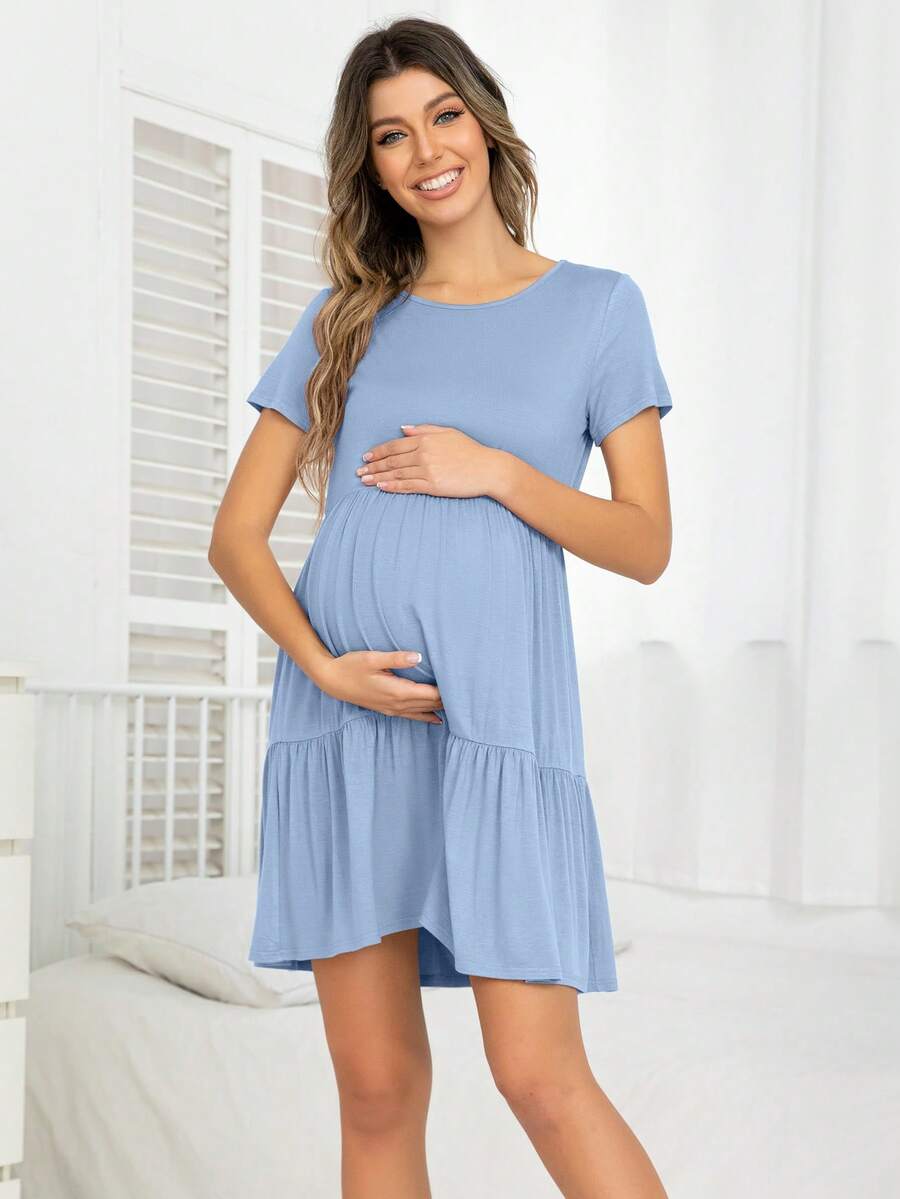DEARCASE Maternity Ruffle Hem Smock Dress - Dusty Blue - View 1