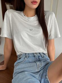 DAZY 愛心刺繡T恤 - 銀色 - 查看 1