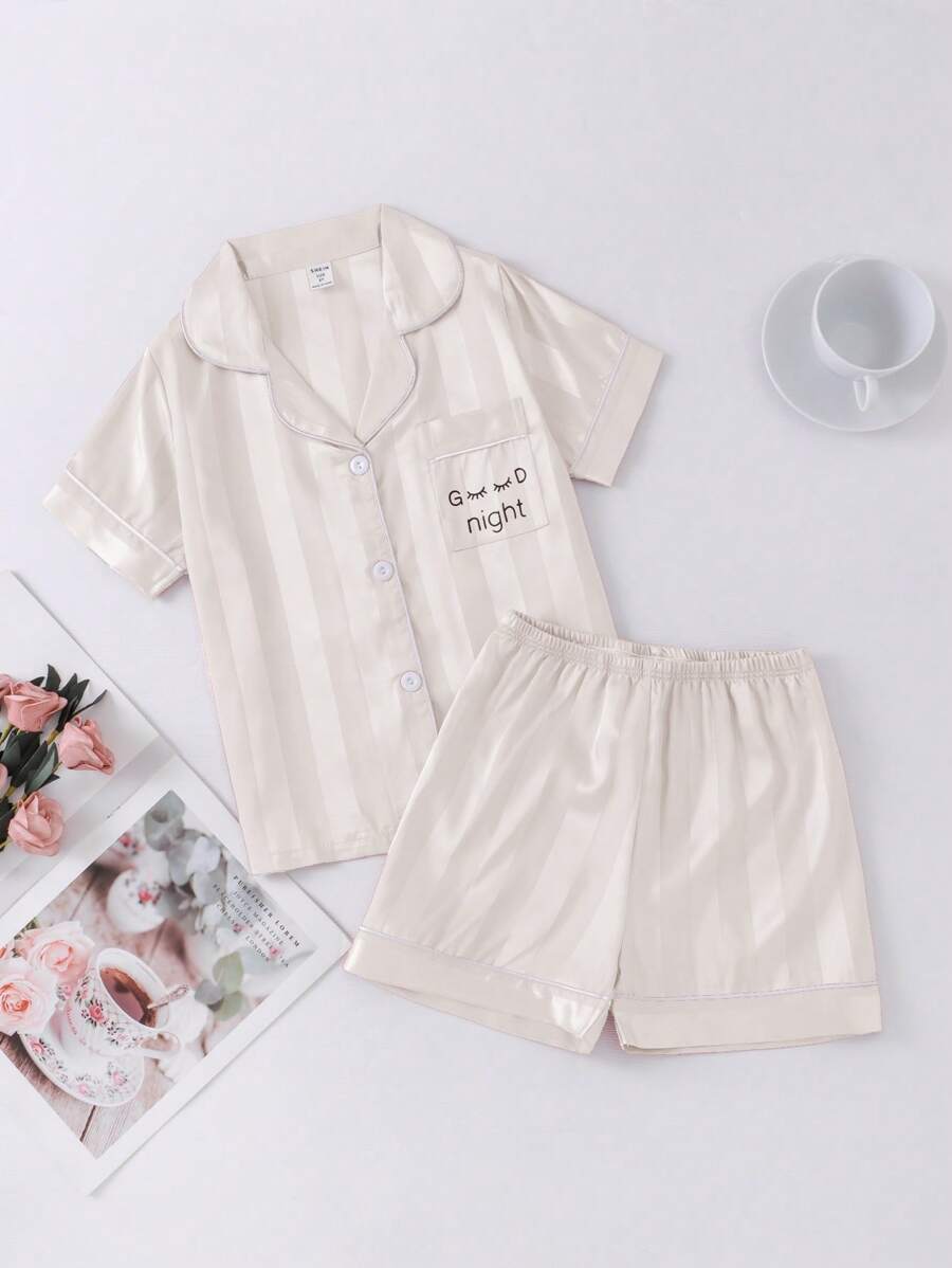 Tween Girls' Stripe Design Letter & Eyelash Print Homewear Set - Apricot - View 1