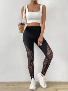 Chiquease Contrast Lace Leggings - Black - View 6