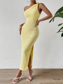 Chiquease 單肩高衩打結細節緊身連衣裙 - 黃色 - 查看 1