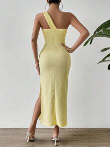 Chiquease 單肩高衩打結細節緊身連衣裙 - 黃色 - 查看 2