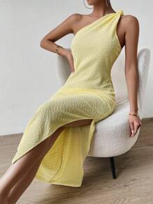 Chiquease 單肩高衩打結細節緊身連衣裙 - 黃色 - 查看 3