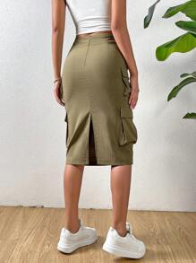 SHEIN Privé Falda cargo con bolsillo lateral con solapa - Verde militar - Ver 2