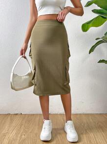 SHEIN Privé Falda cargo con bolsillo lateral con solapa - Verde militar - Ver 3