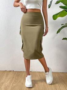 SHEIN Privé Falda cargo con bolsillo lateral con solapa - Verde militar - Ver 1