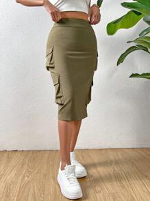 SHEIN Privé Falda cargo con bolsillo lateral con solapa - Verde militar - Ver 4
