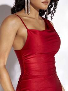 evoluSHEIN X Anitta Đầm Bất đối xứng Vắt Xù Trọn gói màu trơn Gợi cảm - Đỏ - Xem 6