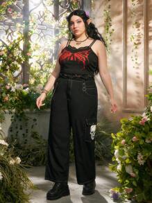 ROMWE Fairycore Quần Plus Size Chuỗi Túi Dây kéo Lễ Các Thánh Giải trí - màu đen - Xem 4