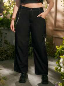 ROMWE Fairycore Quần Plus Size Chuỗi Túi Dây kéo Lễ Các Thánh Giải trí - màu đen - Xem 5