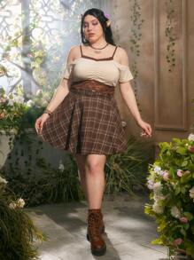 ROMWE Fairycore 大碼格紋印花腰帶半身裙 - 棕色 - 查看 5