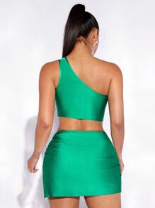 evoluSHEIN X Anitta One Shoulder Crop Top & Twist Front Bodycon Skirt - Green - View 3