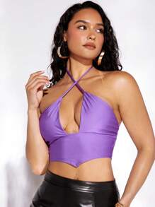 evoluSHEIN X Anitta Crisscross Tie Backless Crop Halter Top - Violet Purple - View 6