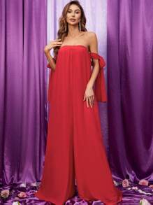 Off Shoulder Knot Side Wide Leg Jumpsuit
