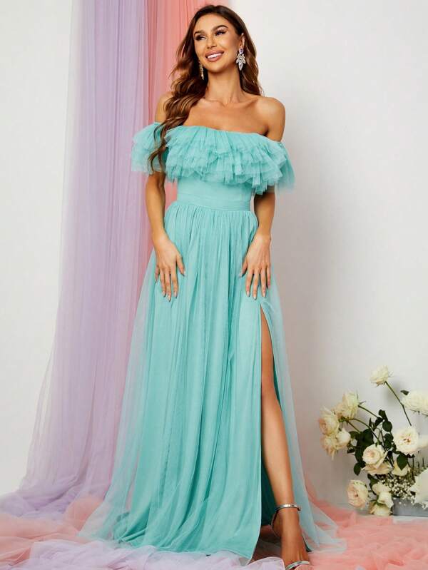 Off Shoulder Ruffle Trim Split Thigh Mesh Dress Elegant Formal Evening Prom Wedding Guest Gown, For Graduation, Dinner
