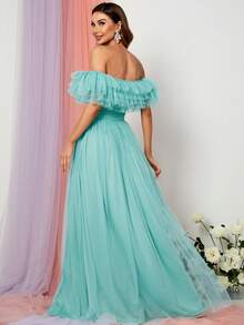 Đầm lưới xẻ đùi trễ vai xếp nếp sang trọng, trang trọng cho tiệc cưới, dự tiệc tốt nghiệp, tiệc tối - Màu xanh bạc hà - Xem 2