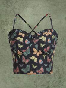 SHEIN Unity Butterfly Print Frill Trim Cami Top - Black - View 1