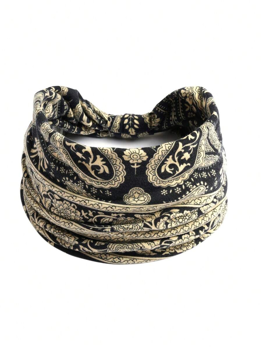 1入組女性花卉圖案和渦紋圖案波西m亞髮帶適用於日常 - 黑色 - 查看 1