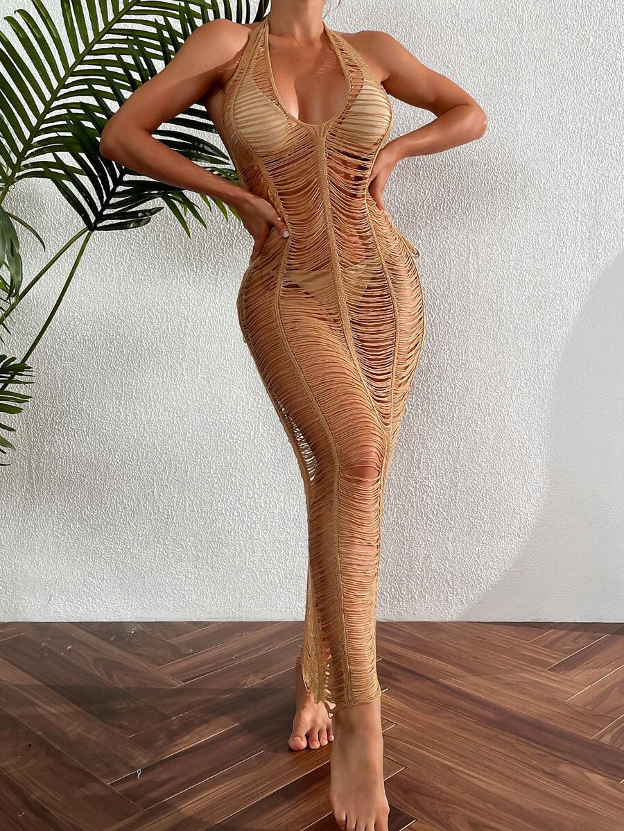 SHEIN Swim Summer Beach Open Stitch Halter Cover Up - Camel - View 1