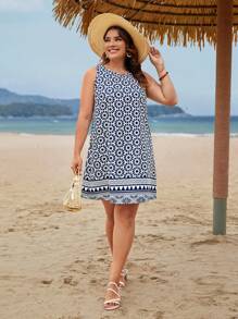 SHEIN LUNE 大碼滿版印花背心洋裝 - 藍白色 - 查看 5