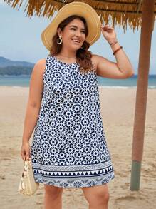 SHEIN LUNE 大碼滿版印花背心洋裝 - 藍白色 - 查看 6