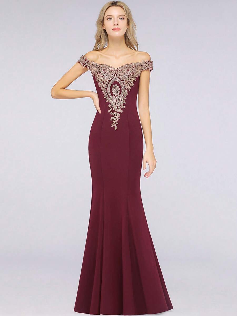 BABYONLINE D.R.E.S.S. Off Shoulder Embroidery Mermaid Hem Formal Dress Formal Dresses - Burgundy - View 1